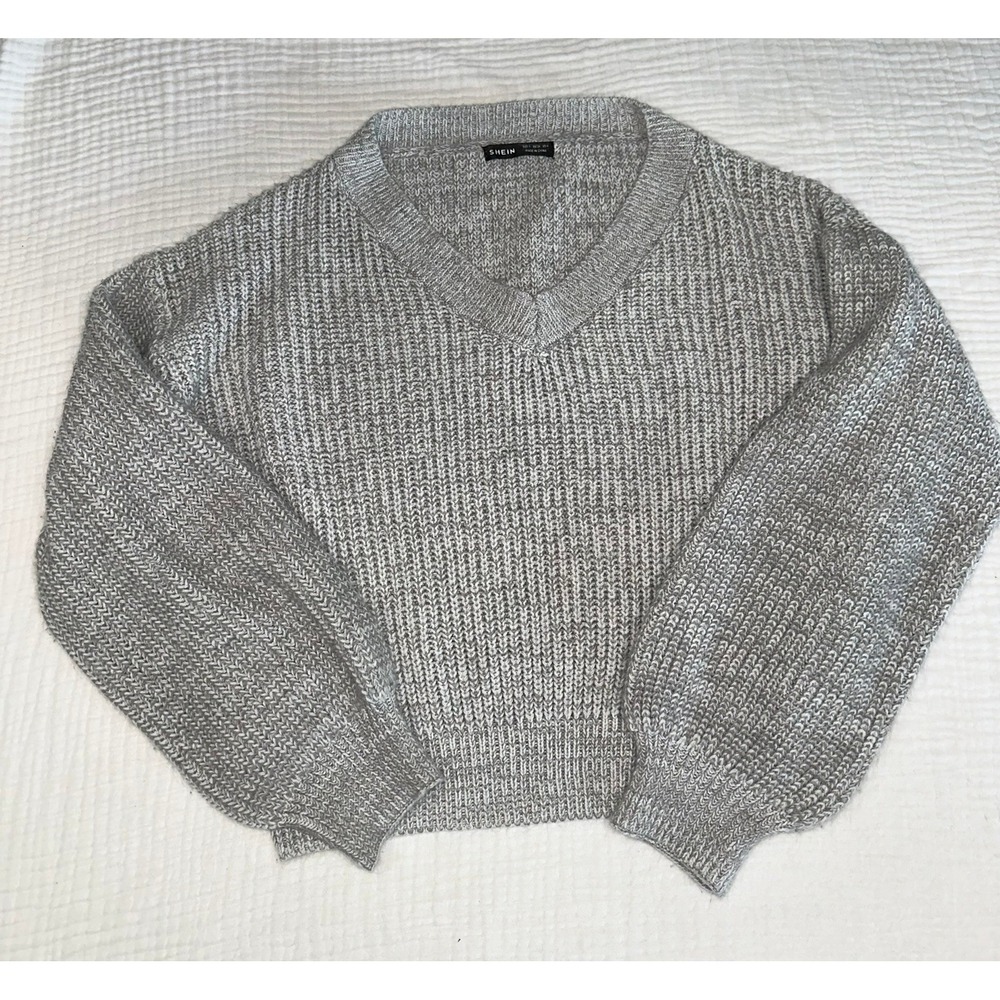 SHEIN Gray‎ Knit V Neck Cropped Sweater Women's Size Small Fall Winter